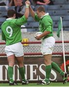 28 August 1999; Tom Tierney, no.9, congratulates Matt Mostyn on scoring Ireland's 2nd and Mostyn's first try. Rugby International, Ireland v Argentina, Lansdowne Road, Dublin. Picture credit: David Maher / SPORTSFILE
