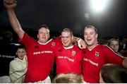 10 September 1999; Munster players, from left, Michael Galway, Peter Bracken and Frankie Sheahan celebrate their teams victory over Ireland. Pre-Season Friendly, Munster v Ireland, Musgrave Park, Cork. Picture credit: Matt Browne / SPORTSFILE