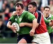 10 September 1999; Ross Nesdale, Ireland, is tackled by Munster's David Wallace, Munster. Pre-Season Friendly, Munster v Ireland, Musgrave Park, Cork. Picture credit: Matt Browne / SPORTSFILE