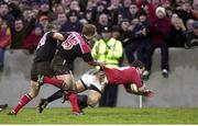 8 January 1999; Jason Holland, Munster, goes over for a try despite the attentions of Ryan Constable and Mark Mapletoft, right, Saracens. Heineken European Cup, Munster v Saracens, Thomond Park, Limerick. Picture credit: Matt Browne / SPORTSFILE