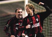 8 April 2005; Stephen Paisley, right, Longford Town, celebrates with team-mate Andy Myler after scoring his sides first goal. eircom League, Premier Division, Shamrock Rovers v Longford Town, Dalymount Park, Dublin. Picture credit; Brian Lawless / SPORTSFILE
