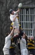 9 April 2005; Marc Warburton, Dublin University, wins possession from Ronan Bolger, Co. Carlow. AIB All Ireland League 2004-2005, Division 1, Dublin University v Co. Carlow, College Park, Trinity College, Dublin. Picture credit; Brian Lawless / SPORTSFILE