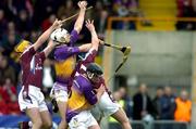 10 April 2005; David O'Connor and Darren Stamp, 6, Wexford, in action against Ger Farragher, left and David Forde, Galway. Allianz National Hurling League, Division 1, Wexford v Galway, Wexford Park, Wexford. Picture credit; Matt Browne / SPORTSFILE