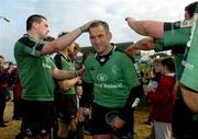 10 April 2005; Eric Elwood, Connacht, is congratulated by team-mates at the end of the game after he had played his last game for Connacht. Celtic League 2004-2005, Pool 1, Connacht v Neath-Swansea Ospreys, Sportsground, Galway. Picture credit; David Maher / SPORTSFILE