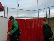 11 April 2005; The Cork City manager Damian Richardson and  Kevin Doyle, left, arrive at Shamrock Park for the game. Setanta Cup, Group 2, Portadown v Cork City, Shamrock Park, Portadown, Co. Armagh. Picture credit; David Maher / SPORTSFILE