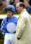 10 April 2005; Trainer Michael Halford speaks to Jockey Tadhg O'Shea before the www.leopardstown.com Handicap. Leopardstown Racecourse, Dublin. Picture credit; Damien Eagers / SPORTSFILE