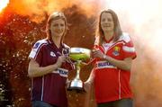 13 April 2005; Galway captain Annette Clarke, left and  Cork captain Juliet Murphy with the Ladies National Football League cup at a photocall ahead of the Suzuki Ladies National Football League Final. Merrion Square, Dublin. Picture credit; Pat Murphy / SPORTSFILE
