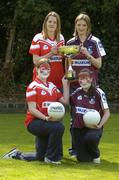 13 April 2005; Cork captain Juliet Murphy, left and Galway captain Annette Clarke with local schoolchildren Sorcha Ni Shiordain, front left and Cloda Nic An Ri, front right, at a photocall ahead of the Suzuki Ladies National Football League Final. Merrion Square, Dublin. Picture credit; Pat Murphy / SPORTSFILE