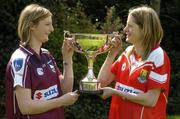 13 April 2005; Galway captain Annette Clarke, left, and  Cork captain Juliet Murphy with the Ladies National Football League cup at a photocall ahead of the Suzuki Ladies National Football League Final. Merrion Square, Dublin. Picture credit; Pat Murphy / SPORTSFILE