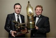 10 January 2014; St. Patrick's Athletic's manager Liam Buckley, right, winner of the Airtricity SWAI Personality of the Year Award for 2013, with St. Patrick's Athletic goalkeeper Brendan Clarke, winner of the Airtricity SWAI Goalkeeper of the Year Award for 2013. Airtricity/SWAI Personality of the Year Awards 2013, The Conrad Hotel, Earlsfort Terrace, Dublin 2. Picture credit: David Maher / SPORTSFILE