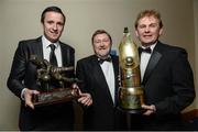 10 January 2014; St. Patrick's Athletic's manager Liam Buckley, right, winner of the Airtricity SWAI Personality of the Year Award for 2013, with St. Patrick's Athletic goalkeeper Brendan Clarke, left, winner of the Airtricity SWAI Goalkeeper of the Year Award for 2013, and Ken Barry, Airtricty. Airtricity/SWAI Personality of the Year Awards 2013, The Conrad Hotel, Earlsfort Terrace, Dublin 2.Ken Barry, Sponsorship manager, Airtricty Picture credit: David Maher / SPORTSFILE