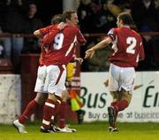 15 April 2005; Gary O'Neill (9), Shelbourne, celebrates with team-mates Richie Baker, left, and Owen Heary after scoring his sides first goal. eircom League, Premier Division, Shelbourne v St. Patrick's Athletic, Tolka Park, Dublin. Picture credit; Brian Lawless / SPORTSFILE
