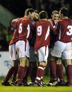 15 April 2005; Shelbourne players, including, Colin Hawkins (5), Gary O'Neill (9) and David Crawley (3) celebrate after Wesley Hoolahan (hidden) had scored his sides second goal. eircom League, Premier Division, Shelbourne v St. Patrick's Athletic, Tolka Park, Dublin. Picture credit; Brian Lawless / SPORTSFILE