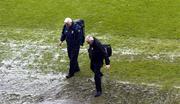 17 April 2005; Derry manager Mickey Moran, right and coach John Morrison leave St Tighernach's Park where the Allianz National Football League Division 2 Semi-Finals between Monaghan v Derry and Meath v Fermanagh were called off due to the pitch being unplayable. Tighernach's Park, Clones, Co. Monaghan. Picture credit; Damien Eagers / SPORTSFILE