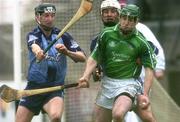 17 April 2005; Andrew O' Shaughnessy, Limerick, in action against Greg Bennett, left and David Sweeney, Dublin. Allianz National Hurling League, Division 1, Relegation Section, Dublin v Limerick, Parnell Park, Dublin. Picture credit; David Levingstone / SPORTSFILE