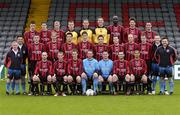 20 April 2005; The Bohemians F.C. team and officials, front row left to right, Tony Grant, John Paul Kelly, Kevin Hunt, Gareth Farrelly, player/manager, Gary Howlett, head coach, Dessie Byrne, and Andre Borges, 2nd row left to right, Pat Cleary, coach, Dermot O'Neill, goalkeeping coach, Stuart Hyland, Dominic Foley, Kevin Cronin, Stephen Ward, Stephen Rice, James Keddy, Thomas Heary, Mark O'Brien, Colin O'Connor, kitman, and Stefano Manassero, physio, back row left to right, David Bracken, Aidan Collins, Mark Duggan, James Hussey, Shay Kelly, Matt Gregg, Jimmy Aggrey, Ken Oman, and Fergal Harkin. Dalymount Park, Dublin. Picture credit; Brian Lawless / SPORTSFILE