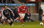 15 April 2005; Richie Baker, Shelbourne, in action against Aidan O'Keeffe, St. Patrick's Athletic. eircom League, Premier Division, Shelbourne v St. Patrick's Athletic, Tolka Park, Dublin. Picture credit; Brian Lawless / SPORTSFILE