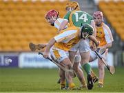 11 January 2014; Sean Gardner, Offaly, in action against Michael Bradley, extreme left, and Conor McKinley, Antrim. Bord Na Mona Walsh Cup, Round 1, Offaly v Antrim, O'Connor Park, Tullamore, Co. Offaly. Picture credit: Barry Cregg / SPORTSFILE