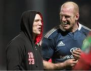 11 January 2014; Paul O'Connell, Munster, chats with Mike Tindall, Gloucester. Heineken Cup 2013/14, Pool 6, Round 5, Gloucester v Munster, Kingsholm, Gloucester, England. Picture credit: Matt Impey / SPORTSFILE