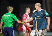 11 January 2014; Paul O'Connell, Munster, shakes hands with referee Leighton Hodges after the game. Heineken Cup 2013/14, Pool 6, Round 5, Gloucester v Munster, Kingsholm, Gloucester, England. Picture credit: Matt Impey / SPORTSFILE