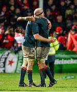 11 January 2014; Munster's Paul O'Connell, left, and James Coughlan celebrate at the final whistle after victory over Gloucester. Heineken Cup 2013/14, Pool 6, Round 5, Gloucester v Munster, Kingsholm, Gloucester, England. Picture credit: Diarmuid Greene / SPORTSFILE