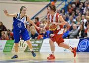 11 January 2014; Lindsay Peat, DCU Mercy, in action against Olivia Dupuy, Team Montenotte Hotel Cork. Basketball Ireland Women's National Cup Semi-Final 2014, DCU Mercy v Team Montenotte Hotel Cork, Neptune Stadium, Cork. Picture credit: Brendan Moran / SPORTSFILE