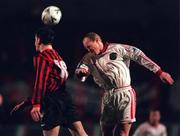 26 Feburary 1999; Dave Hill of Cork City in action against Graham Lawlor of Bohemians during the Bord Gáis National League Premier Division match between Bohemians and Cork City at Dalymount Park in Dublin. Photo by Damien Eagers/Sportsfile