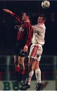 26 Feburary 1999; Declan Daly of Cork City in action against Graham Lawlor of Bohemians during the Bord Gáis National League Premier Division match between Bohemians and Cork City at Dalymount Park in Dublin. Photo by Damien Eagers/Sportsfile
