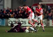 5 March 1999; Michael Keane of Galway United in action against Eddie Gormley of St Patrick's Athletic during the FAI Cup Quarter-Final match between Galway United and St Patrick's Athletic Terryland Park in Galway. Photo by Damien Eagers/Sportsfile