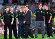 20 August 1997; Members of the Republic of Ireland Under 20 team and manager Brian Kerr, who came third in the World Cup Finals in Malaysia, are presented to the crowd at half-time of the FIFA World Cup 1998 Group 8 Qualifier between Republic of Ireland and Lithuania at Lansdowne Road in Dublin. Photo by David Maher/Sportsfile