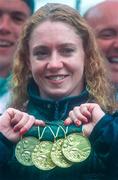 6 August 1998; Olympic swimmer Michelle Smith pictured in Dublin's O'Connell Street with her three gold medals and one bronze. Photo by David Maher/Sportsfile