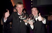 19 February 1999; Sportsfile photographers David Maher, left, and Brendan Moran, who were presented with third and first prize, respectively, in the Sports category of the Annual Eircell PPAI Awards. Brendan's winning picture entitled 'Sonia's Winning Moment' is of Sonia O'Sullivan winning the European 10,000 metres final in Budapest and David's picture 'Head Over Heels' captures Robbie Keane's celebrating his second goal against Malta. Photo by Sportsfile