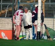 21 February 1999; Eugene Cloonan, 14, of Athenry and Christy O'Connor of St Joseph's Doora Barefield remonstrate with the umpire in relation to the last minute disallowed point during the AIB All-Ireland Senior Club Hurling Championship Semi-Final match between St Joseph's Doora Barefield and Athenry at Semple Stadium in Thurles, Tipperary. Photo by Damien Eagers/Sportsfile
