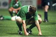 20 October 1999; Matt Mostyn, Ireland, dejected at the final whistle after defeat to Argentina. Rugby World Cup, Stade Felix Bollaert, Lens, France. Picture credit: Brendan Moran / SPORTSFILE