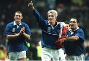 31 October 1999; Xavier Garbajosa, centre, celebrates with Raphael Ibanez, France. 1999 Rugby World Cup, France v New Zealand, Twickenham, London, England. Picture credit: Matt Browne / SPORTSFILE