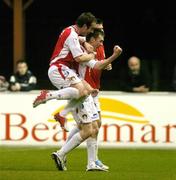 22 April 2005; Gerard Rowe, St. Patrick's Athletic, celebrates his goal against UCD with team-mates Aiden O'Keefe, right, and Robbie Doyle. eircom League, Premier Division, St. Patrick's Athletic v UCD, Richmond Park, Dublin. Picture credit; Matt Browne / SPORTSFILE