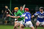 23 April 2005; Niall Moran, Limerick, in action against Michael McEvoy, Laois. Allianz National Hurling League, Division 1 Relegation Section, Limerick v Laois, John Fitzgerald Park, Kilmallock, Co. Limerick. Picture credit; Kieran Clancy / SPORTSFILE