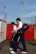 25 April 2005; Shelbourne players Stuart Byrne, left, and Steve Williams, arriving at Shamrock Park before the start of the game. Setanta Cup, Group 2, Portadown v Shelbourne, Shamrock Park, Portadown, Co. Armagh. Picture credit; David Maher / SPORTSFILE