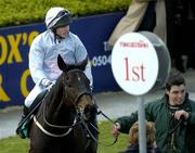 26 April 2005; Rathgar Beau, with Shea Barry up, enters the winners enclosure after winning the Kerrygold Champion Steeplechase. Punchestown Racecourse, Co. Kildare. Picture credit; Damien Eagers / SPORTSFILE
