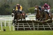 26 April 2005; Wild Passion, with Paul Carberry up, jumps the last ahead of second placed Kill Devil Hill, with John Cullen up, right, and third placed In Compliance, with Timmy Murphy up, centre, on their way to winning the Evening Herald Champion Novice Hurdle. Punchestown Racecourse, Co. Kildare. Picture credit; Damien Eagers / SPORTSFILE