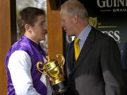 27 April 2005; Jockey Barry Geraghty in conversation with winning trainer Tom Taaffe after winning the Punchestown Guinness Gold Cup aboard Kicking King. Punchestown Racecourse, Co. Kildare. Picture credit; Matt Browne / SPORTSFILE