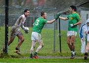 12 January 2014; Leitrim's Ray Cox, left, celebrates with team-mate Emlyn Mulligan after scoring his side's first goal past Galway goalkeeper Nathan King. FBD League, Section B, Round 2, Galway v Leitrim, Duggan Park, Ballinasloe, Co. Galway. Picture credit: Diarmuid Greene / SPORTSFILE