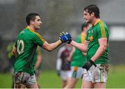 12 January 2014; Leitrim's Kevin Conlon, left, and Emmet Mahon celebrate after victory over Galway. FBD League, Section B, Round 2, Galway v Leitrim, Duggan Park, Ballinasloe, Co. Galway. Picture credit: Diarmuid Greene / SPORTSFILE