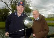 28 April 2005; Fachtna Murphy, Assistant Commissioner of An Garda Siochana, with Brother Kevin Crowley OFM Cap, Director of the Capuchin Day Centre, at the start of the Bridewell Garda Golf Classic, in aid of the Capuchin Day Centre.The Day Centre, which operates from the back of the Capuchin Friary in Church St., Dublin 7, provides up to 300 hot meals a day, food parcels, and other services for homeless and needy people six days of the week, completely free of charge. St. Margarets Golf and Country Club, Dublin. Picture credit; Damien Eagers / SPORTSFILE