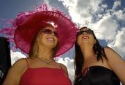 29 April 2005; Deirdre O'Callaghan,left, from Co. Clare and Fionnaula McGrath from Cork pictured during the Newbridge Silverware Ladies Day at the Punchestown Racecourse, Co. Kildare. Picture credit; Matt Browne / SPORTSFILE
