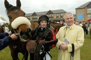 29 April 2005; Charles McCreevy MEP and his son Charles McCreevy Jnr pictured after the Punchestown Charity Sweepstakes with Lucy Lawson. Punchestown Racecourse, Co. Kildare. Picture credit; Matt Browne / SPORTSFILE