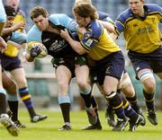 29 April 2005; Sean Lamont, Glasgow Rugby, is tackled by Shane Byrne, Leinster. Celtic Cup 2004-2005, Quarter-Final, Leinster v Glasgow Rugby, Lansdowne Road, Dublin. Picture credit; Brendan Moran / SPORTSFILE