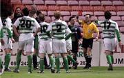 29 April 2005; Referee Ian Stokes issues the red card to Cathal O'Connor, Shamrock Rovers, hidden, and Danny Murphy, Cork, 3rd from right. eircom League, Premier Division, Shamrock Rovers v Cork City, Dalymount Park, Dublin. Picture credit; Damien Eagers / SPORTSFILE