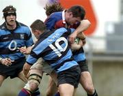 30 April 2005; John Duffy, Clontarf, is tackled by Dave Delaney, Shannon. AIB All Ireland League 2004-2005, Division 1 Semi-Final, Shannon v Clontarf, Thomond Park, Limerick. Picture credit; Damien Eagers / SPORTSFILE