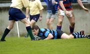 30 April 2005; Fionn McLoughlin, Shannon, touches down for his sides first try. AIB All Ireland League 2004-2005, Division 1 Semi-Final, Shannon v Clontarf, Thomond Park, Limerick. Picture credit; Damien Eagers / SPORTSFILE